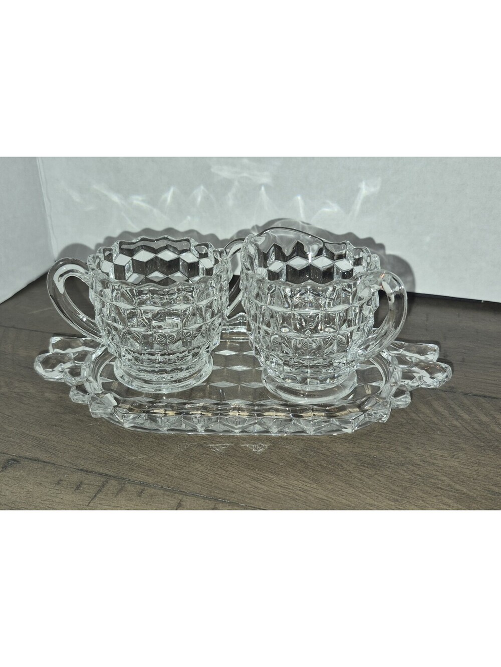 Fostoria American Mini Creamer Sugar and Tray Set Clear Stem 2056 Cube Motif